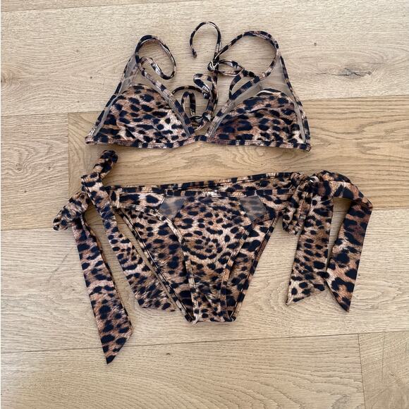 Other - No Brand - Leopard Print Mesh Cut Out Bikini Top & Bottoms in Brown & Black